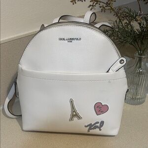 Karl Lagerfeld White Backpack with Pink and Silver Accents